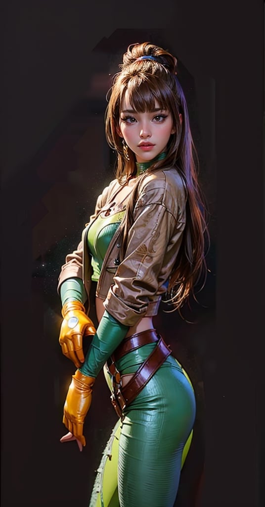 Masterpiece, beat quality, 1girl, ((woman with the face of MaruRock)), ((finely detailed and detailed face)), ((brown eyes)), ((bright_pupils)), ((long hair)), sexy smile,
((Wearing costume of Rogue from X-Men)),
cinematic lighting, 8k uhd, dslr, soft lighting, high quality, film grain, Fujifilm XT3, extremely detailed CG unity 8k wallpaper.
