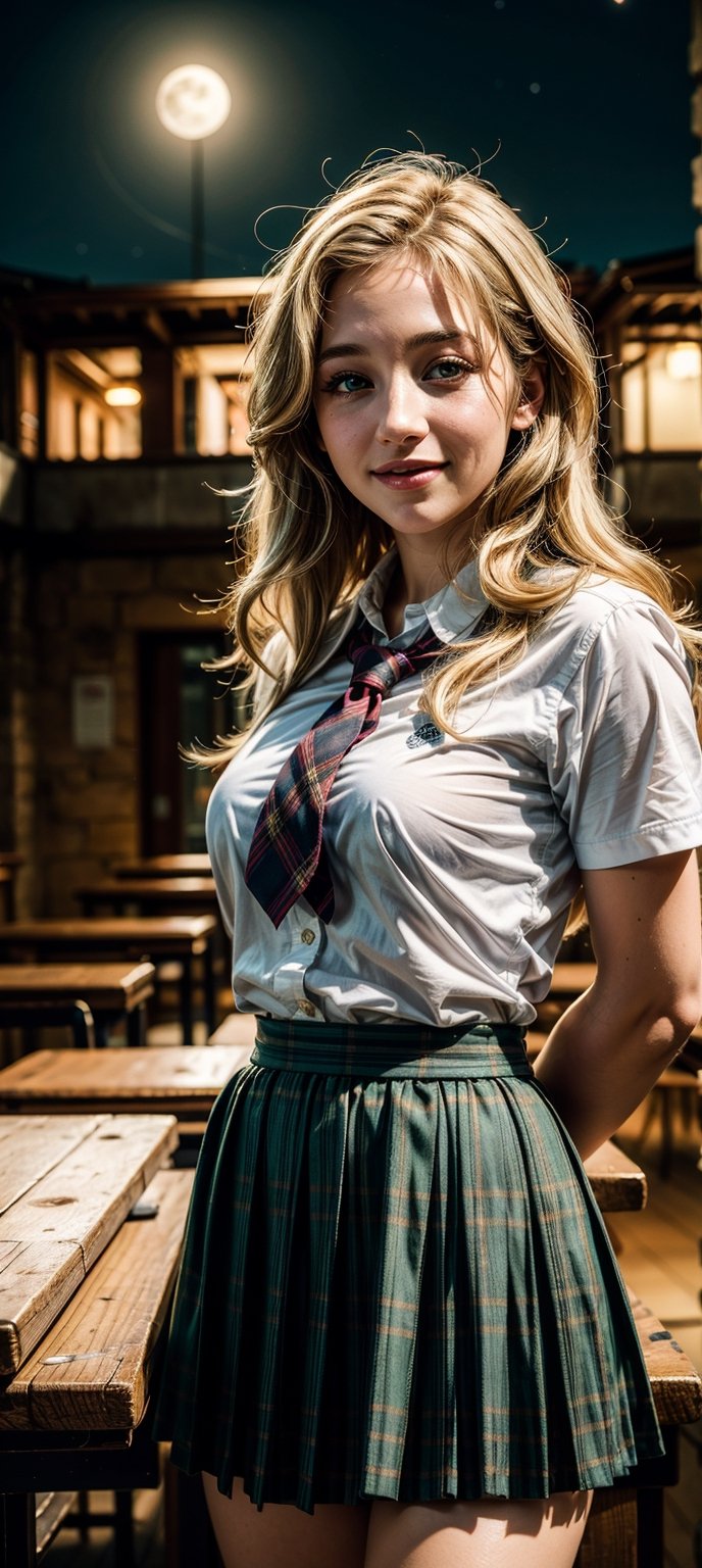 masterpiece, beat quality, woman,
((caylee cowan)), 
((Wearing a white shirt and scottish school skirt)),
((finely detailed and detailed face)), ((green eyes)), ((bright_pupils)),
((long blonde hair)), (shy smile),
cinematic lighting, ((bust shot)),
8k uhd, dslr, soft lighting, 
high quality, film grain, Fujifilm XT3, 
extremely detailed CG unity 8k wallpaper,
In the school at night with the moon