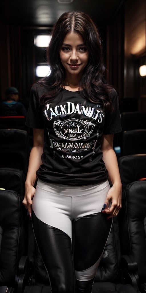 masterpiece, beat quality, woman standing front to the camera with the face of IrinaStar, ((wearing a black Jack Daniels's t-shirt)) and ((white yoga pants)) with finely detailed beautiful brown eyes and detailed face a sexy smile and long_hair.
cinematic lighting,
8k uhd, dslr, soft lighting, 
high quality, film grain, Fujifilm XT3, 
extremely detailed CG unity 8k wallpaper,
In the theater with a rock band and ilumination.
JackTshirt.