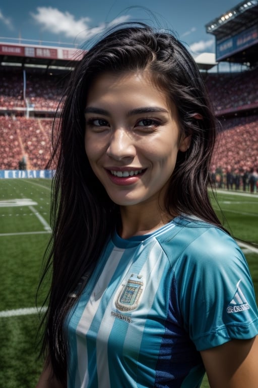 masterpiece, beat quality, AdriRock,
standing front to the camera,
((Wearing shirt of Argentina footbal soccer)), ((brown eyes)),
(finely detailed face), 
sexy smile, long_hair,
cinematic lighting, ((bust shot)),
8k uhd, dslr, soft lighting, 
high quality, film grain, Fujifilm XT3, 
extremely detailed CG unity 8k wallpaper,
In a footbaal stadium in a sunny day.