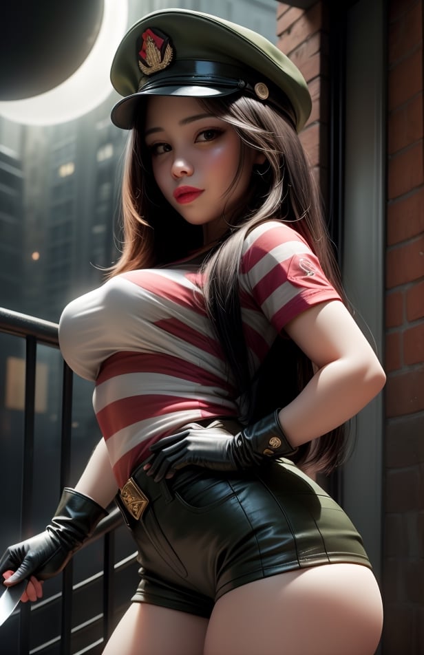 Sexy girl, AdriRock, perfect eyes, thick tighs, (((Wearing military green and red horizontal stripes t-shirt like t-shirt))), (((brown old leather hat))), ((brown leather gloves with fingers like knives)), (((brown short pants))), dinamic pose, pin-up (masterpiece, best quality), intricate details, perfectly drawn face.
In new York at Night with the moon In they sky.