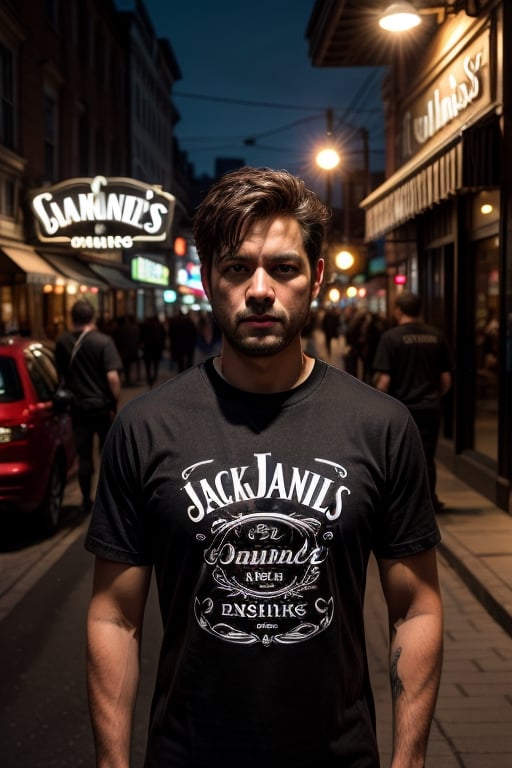 masterpiece, beat quality, a white male mannequin standing front to the camera wearing a black Jack Daniels's t-shirt.
cinematic lighting, ((bust shot)),
8k uhd, dslr, soft lighting, 
high quality, film grain, Fujifilm XT3, 
extremely detailed CG unity 8k wallpaper,
Street in a modern city.
JackTshirt3, 