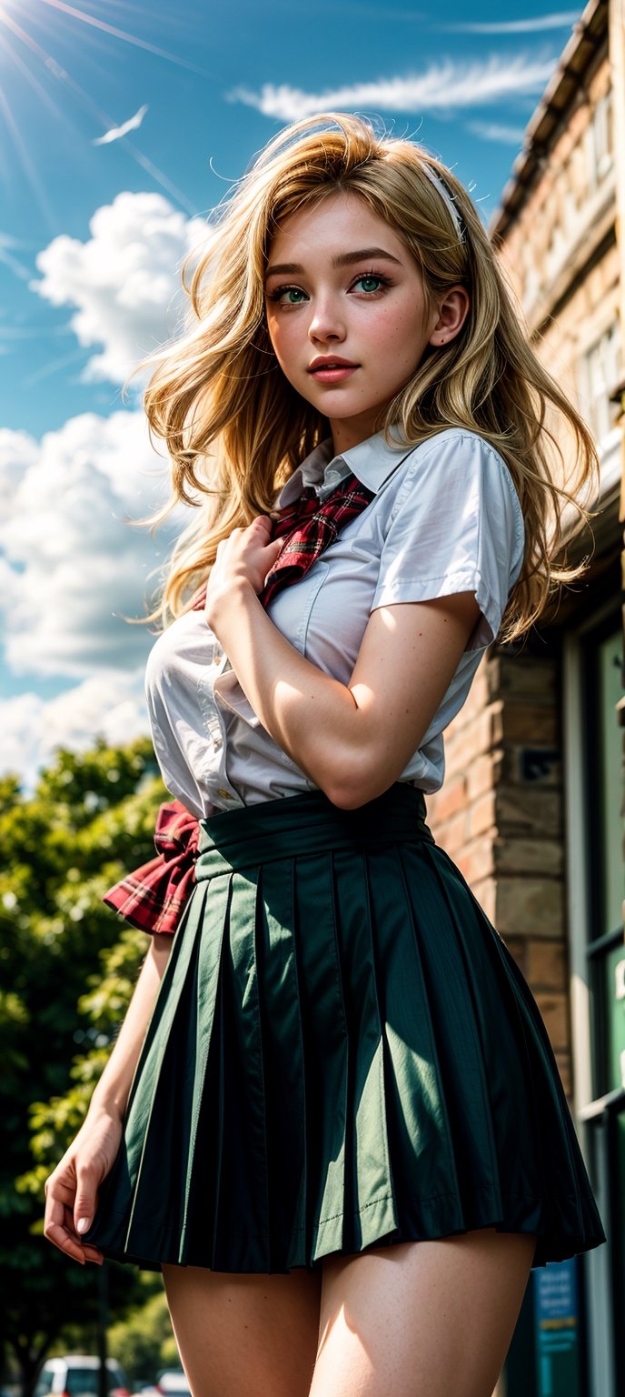masterpiece, beat quality, 8k uhd, dslr, soft lighting, high quality, film grain, Fujifilm XT3, 
extremely detailed CG unity 8k wallpaper,
woman, ((Caylee Cowan)),
((Wearing a white shirt and scottish school skirt)),
((finely detailed and detailed face)), ((green eyes)), ((bright_pupils)),
((long blonde hair)), (shy smile),
cinematic lighting, ((full_body)),
Out the school at morning with clouds in the sky.