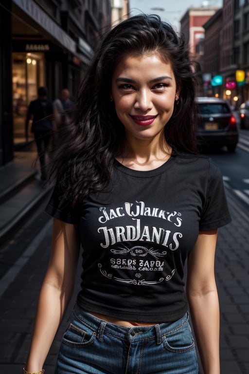 masterpiece, beat quality, woman standing front to the camera with the face of AdriRock6
and big boobs wearing a black Jack Daniels's t-shirt with finely detailed beautiful golden eyes and detailed face a sexy smile and long_hair.
cinematic lighting, ((bust shot)),
8k uhd, dslr, soft lighting, 
high quality, film grain, Fujifilm XT3, 
extremely detailed CG unity 8k wallpaper,
Golden hour lighting,
shiny skin. Street in a modern city.
JackTshirt3, 