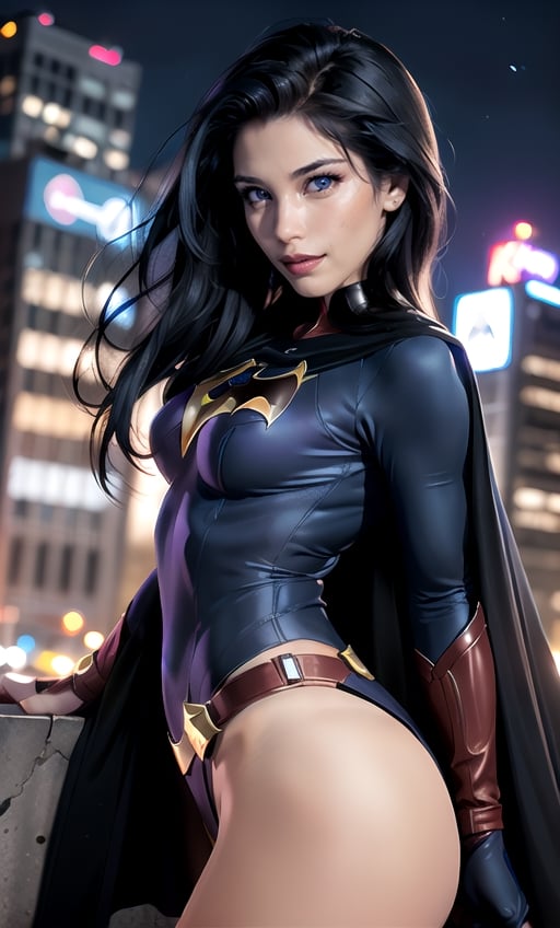 ((AdriRock)), ((medium breasts)),
((beauty skin)), ((long hair)), 
((beauty eyes)), ((perfects eyes)),
Break.
Wearing violet batgirl suit of the superhero with cape,
Break.
New York city at night background.