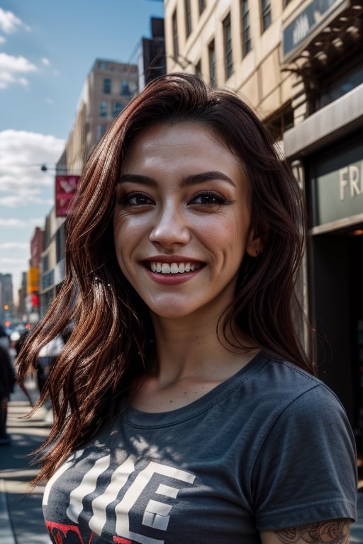 masterpiece, beat quality, woman,
((MandyRock)), 
((Wearing punk t-shirt)),
((finely detailed beautiful eyes and detailed face)), ((beautiful eyes)), ((bright_pupils)),
((long hair)), sexy smile,
cinematic lighting, ((bust shot)),
8k uhd, dslr, soft lighting, 
high quality, film grain, Fujifilm XT3, 
extremely detailed CG unity 8k wallpaper,
In New York City at morning with the clouds.