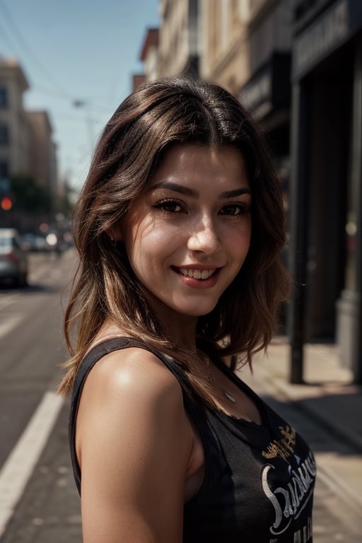 masterpiece, beat quality, woman standing front to the camera with the face of Valen5, wearing a black Jack Daniels's t-shirt with finely detailed beautiful golden eyes and detailed face a sexy smile and long_hair.
cinematic lighting, ((bust shot)),
8k uhd, dslr, soft lighting, 
high quality, film grain, Fujifilm XT3, 
extremely detailed CG unity 8k wallpaper,
Golden hour lighting,
shiny skin. Street in a modern city.
JackTshirt3, 