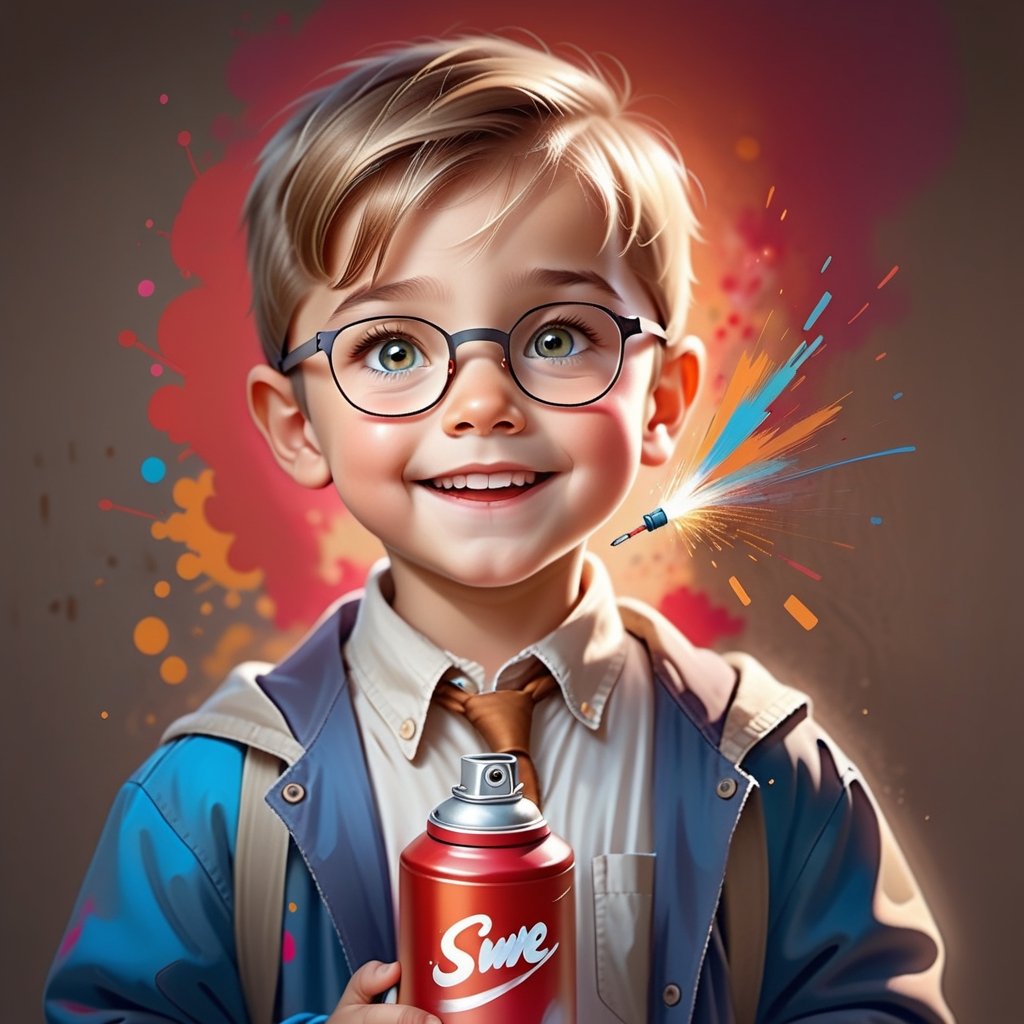 Visualize a scene with a cute little boy holding a spray paint can, passionately creating art on a wall. Capture the essence of his creativity and innocence in a super cute image that radiates the joy of artistic exploration,Leonardo Style,3d style