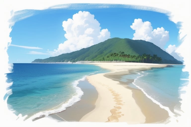 (((small island in the mifdle of the ocean 2d for kids))), landscape view with blue sky, green grass, bright colors,  small flowers, beach, ((palms)), ((ready to print)), clouds, vibrant colors, 