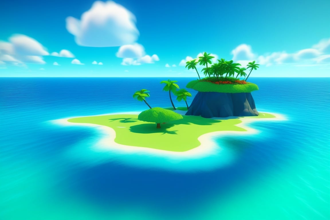 (((small island in the mifdle of the ocean 2d for kids))), landscape view with blue sky, green grass, bright colors,  small flowers, beach, ((palms)), ((ready to print)), clouds, vibrant colors, herbage,reinopool,Yae Miku