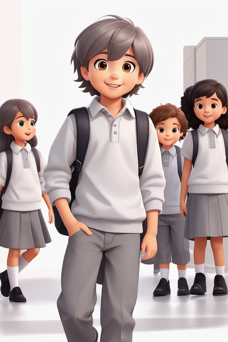 children with gray uniform, PinchingPOV, white background, latin kid, pov, boy  six year old, school uniform, ((gray dress Trousers)), ((black shoes)), (white shirt), ((gray pullover)), (gray sweater), brown hair, back to school, latin kid, white background, whole body