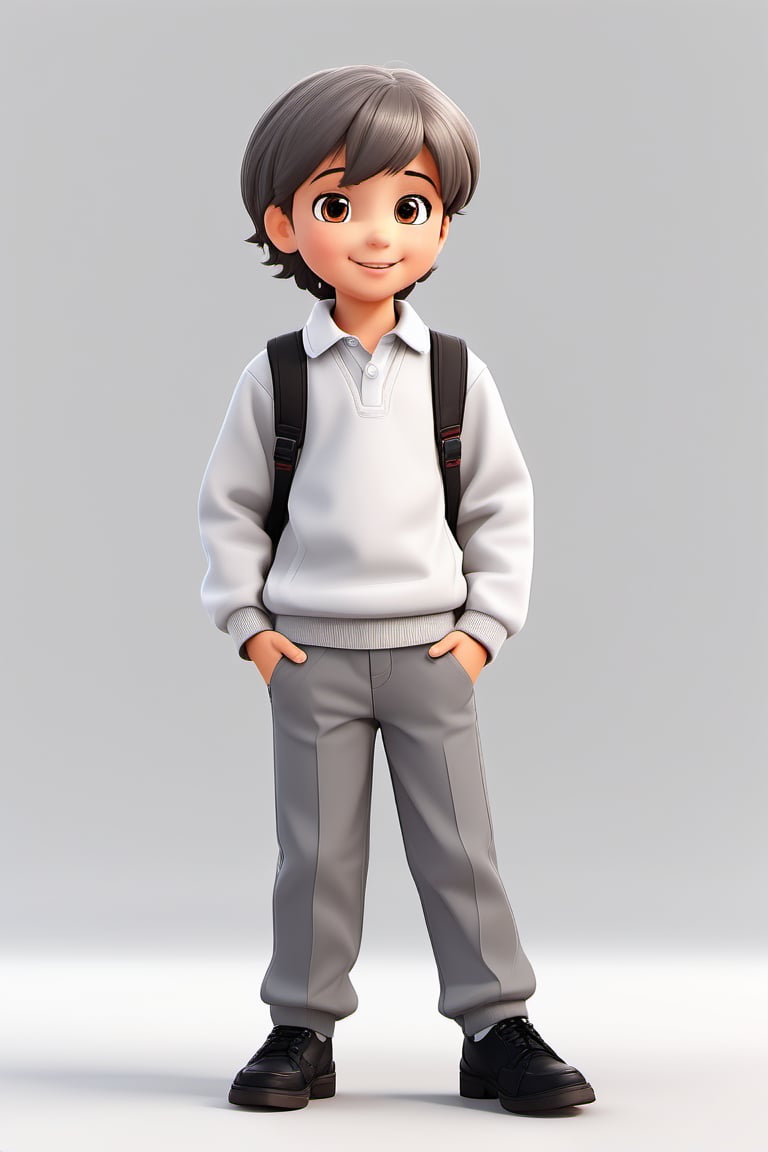 children with gray uniform, PinchingPOV, white background, latin kid, pov, boy  six year old, school uniform, ((gray dress Trousers)), ((black shoes)), (white shirt), ((gray pullover)), (gray sweater), brown hair, back to school, latin kid, white background, full body