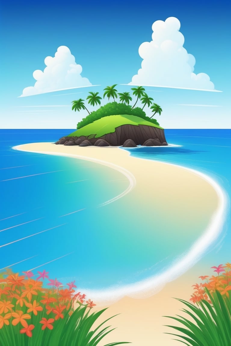 (((small island 2d for kids))),  landscape view with blue sky,  green grass,  bright colors,  small flowers,  beach,  (((palms))),  ((ready to print)),  ((two point perspective)),  (vanishing point),  ((linear perspective)),  ((lower horizon line)),  clouds,  vibrant colors,  herbage,  background, 