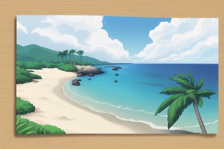 (((small island 2d for kids))), landscape view with blue sky, green grass, bright colors,  small flowers, beach, ((palms)), ((ready to print)), clouds, vibrant colors,