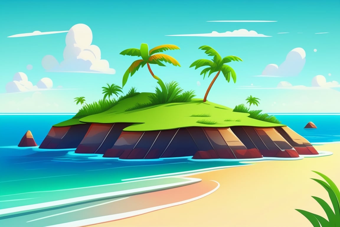 (((small island 2d for kids))),  landscape view with blue sky,  green grass,  bright colors,  small flowers,  beach,  (((palms))),  ((ready to print)),  ((two point perspective)),  (vanishing point),  ((linear perspective)),  ((lower horizon line)),  clouds,  vibrant colors,  herbage,  background, 