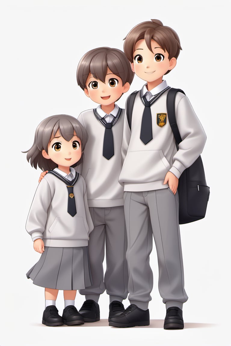 children with gray uniform,PinchingPOV, white background, latin kid,pov, boy  six year old, school_uniform, ((gray dress Trousers)), (black shoes), (white shirt), ((gray pullover)), (gray sweater), (Crew-Neck Sweatshirt), brown hair, back to school, latin kid, white background, whole body