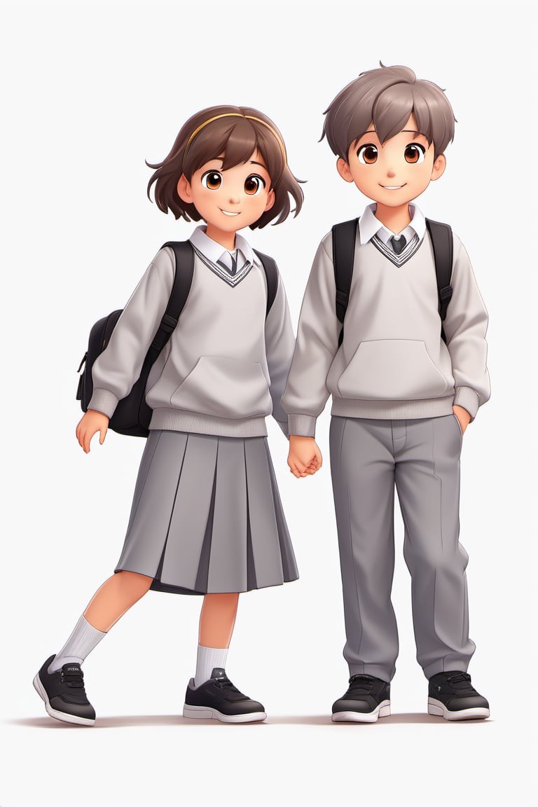 children with gray uniform,PinchingPOV, white background, latin kid,pov, boy  six year old, school_uniform, ((gray dress Trousers)), (black shoes), (white shirt), ((gray pullover)), (gray sweater), (Crew-Neck Sweatshirt), brown hair, back to school, latin kid, white background, whole body