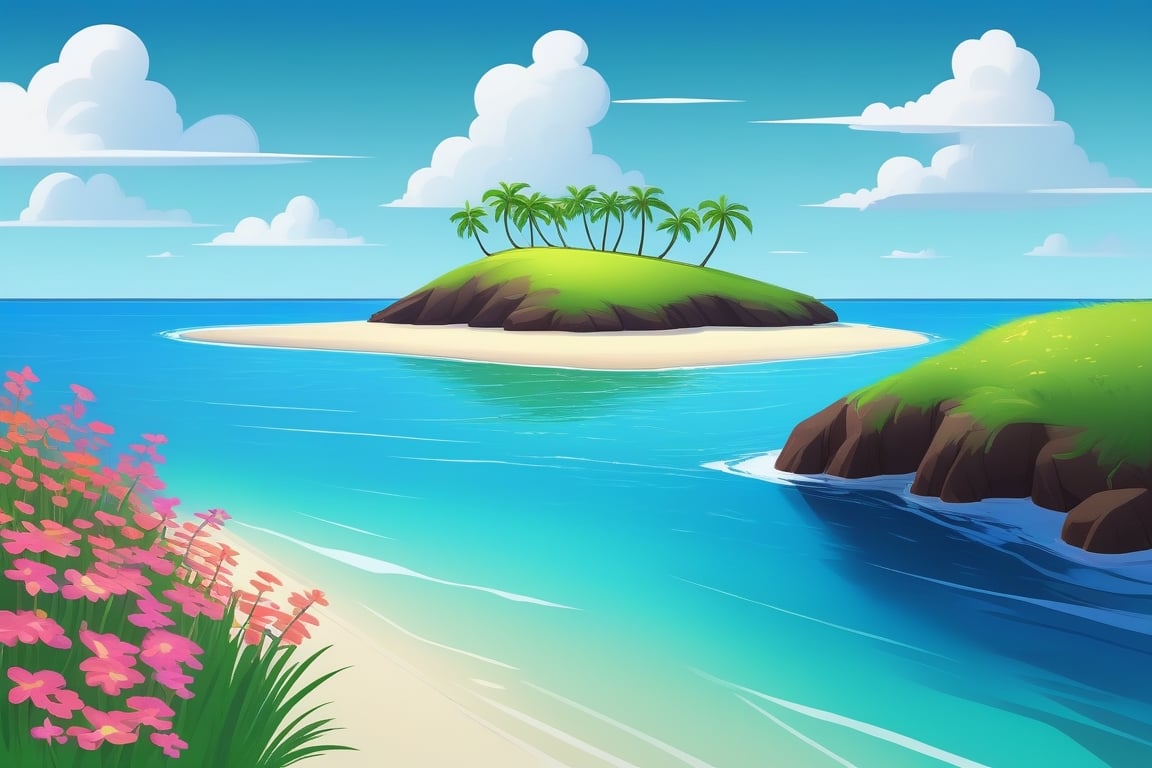 (((small island 2d for kids))),  landscape view with blue sky,  green grass,  bright colors,  small flowers,  beach,  (((palms))),  ((ready to print)),  ((two point perspective)),  (vanishing point),  ((linear perspective)),  ((lower horizon line)),  clouds,  vibrant colors,  herbage,  background, 