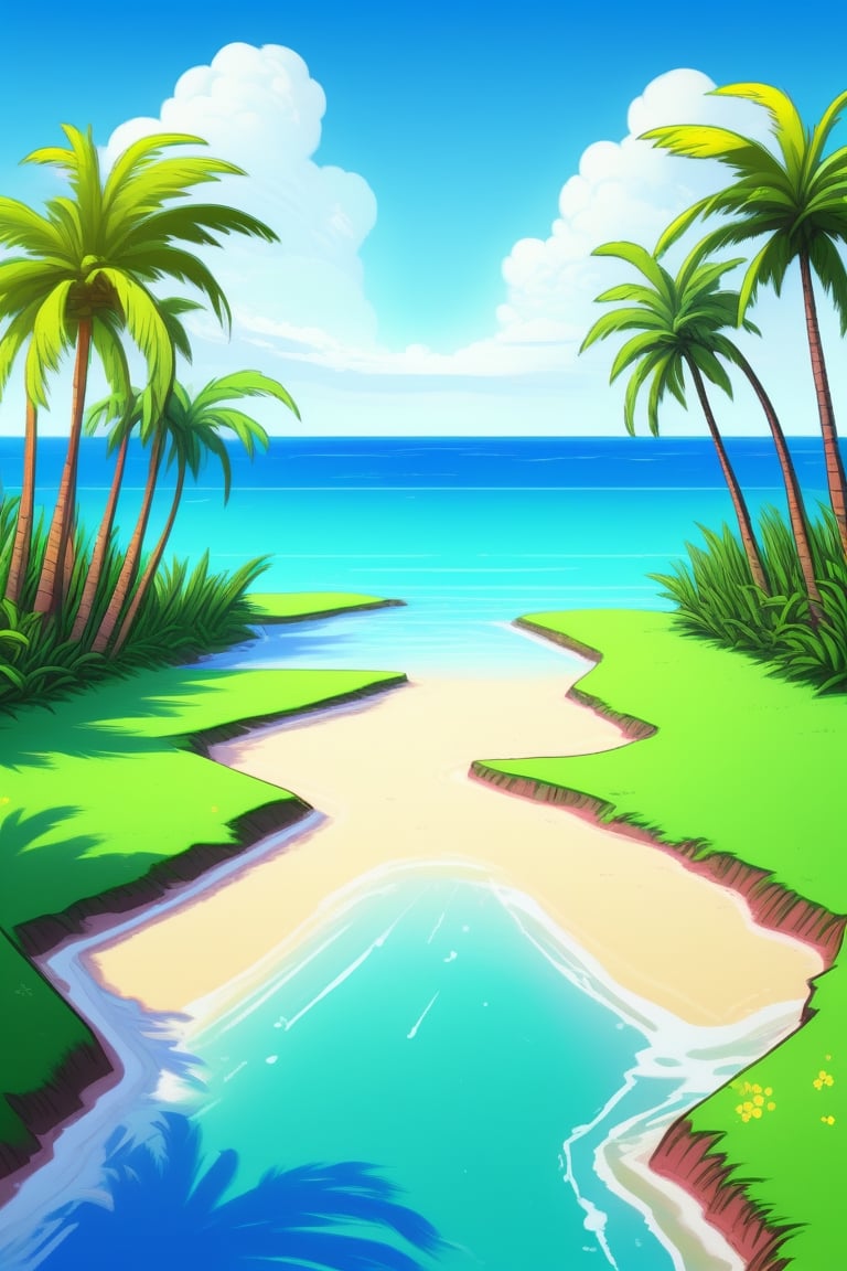 (((small island 2d for kids))),  landscape view with blue sky,  green grass,  bright colors,  small flowers,  beach,  (((palms))),  ((ready to print)),  ((two point perspective)),  (vanishing point),  ((linear perspective)),  ((lower horizon line)),  clouds,  vibrant colors,  herbage,  background, 