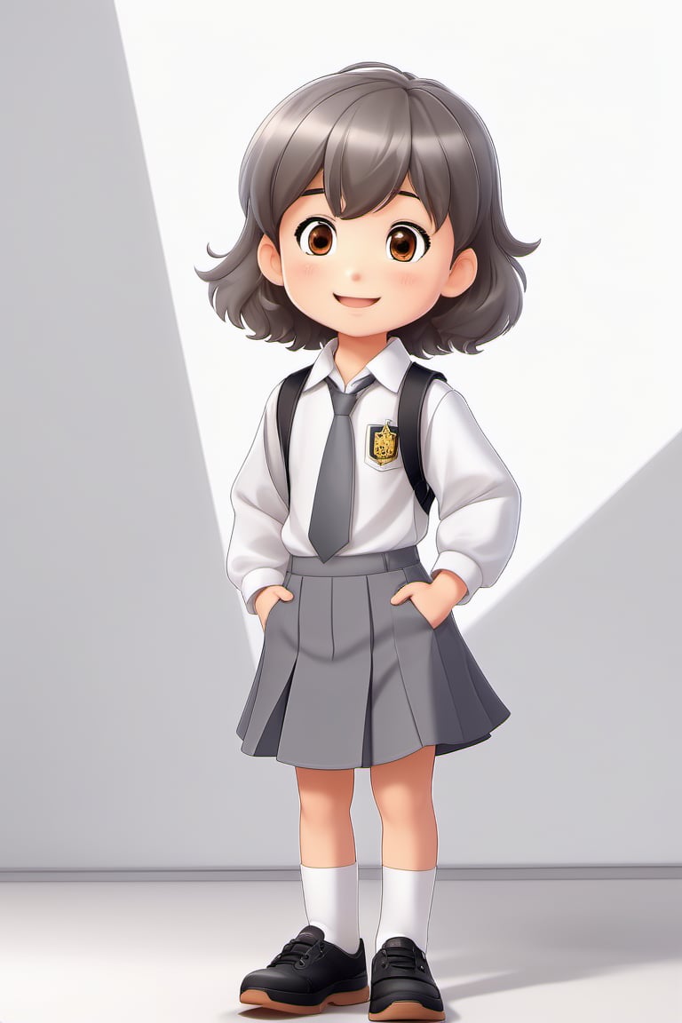 children with gray uniform,PinchingPOV, white background, latin kid,pov, boy  six year old, school_uniform, ((gray dress Trousers)), (black shoes), (white shirt), (gray pullover), brown hair, back to school, latin kid, white background,