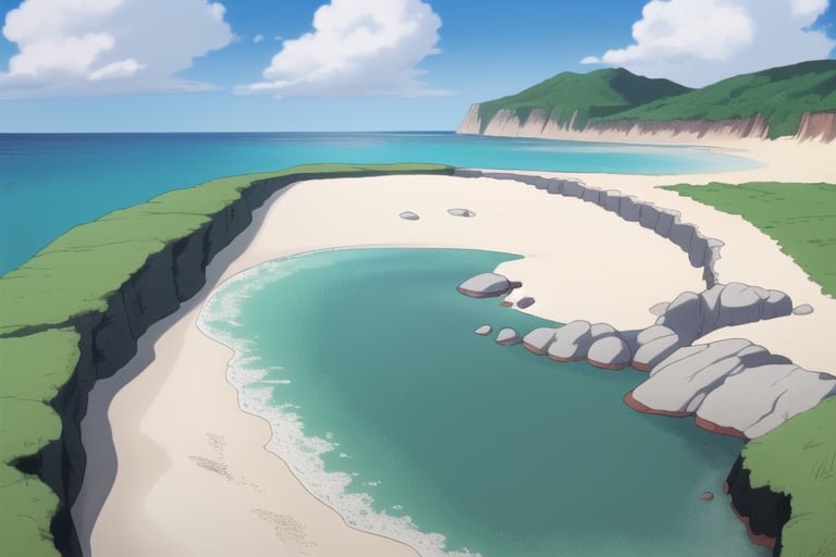 (((small island 2d for kids))), landscape view with blue sky, green grass, bright colors,  small flowers, beach, ((palm)), ((ready to print)), clouds, vibrant colors,takane shijou