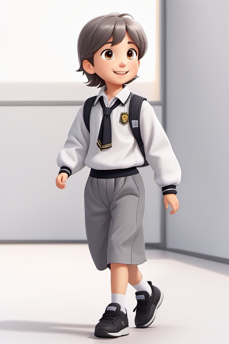 children with gray uniform,PinchingPOV, white background, latin kid,pov, boy  six year old, school_uniform, ((gray dress Trousers)), ((black shoes)), (white shirt), ((gray pullover)), (gray sweater), brown hair, back to school, latin kid, white background, whole body