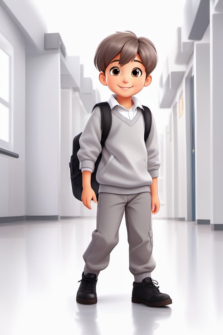 children with gray uniform, PinchingPOV, white background, latin kid, pov, boy  six year old, school uniform, ((gray dress Trousers)), ((black shoes)), (white shirt), ((gray pullover)), (gray sweater), brown hair, back to school, latin kid, white background, full body