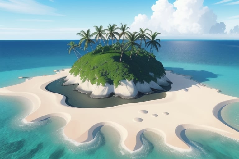 (((small island in the mifdle of the ocean 2d for kids))), landscape view with blue sky, green grass, bright colors,  small flowers, beach, ((palms)), ((ready to print)), clouds, vibrant colors, herbage