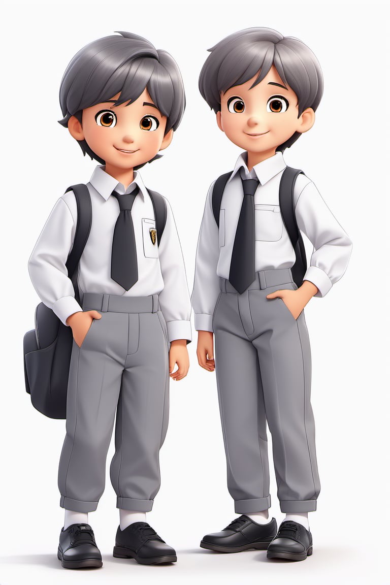 children with gray uniform,PinchingPOV, white background, latin kid,pov, boy  six year old, school_uniform, ((gray dress Trousers)), (black shoes), (white shirt), back to school, latin kid, white background,