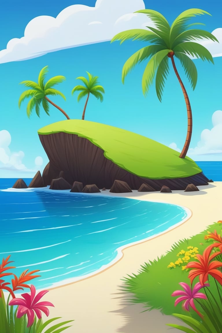 (((small island 2d for kids))),  landscape view with blue sky,  green grass,  bright colors,  small flowers,  beach,  (((palms))),  ((ready to print)),  ((two point perspective)),  (vanishing point),  ((linear perspective)),  ((lower horizon line)),  clouds,  vibrant colors,  herbage,  background, 