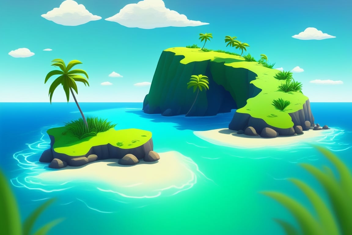 (((small island in the mifdle of the ocean 2d for kids))), landscape view with blue sky, green grass, bright colors,  small flowers, beach, (((palms))), ((ready to print)), ((two point perspective)), (vanishing point), ((linear perspective)), ((lower horin line)), clouds, vibrant colors, herbage,