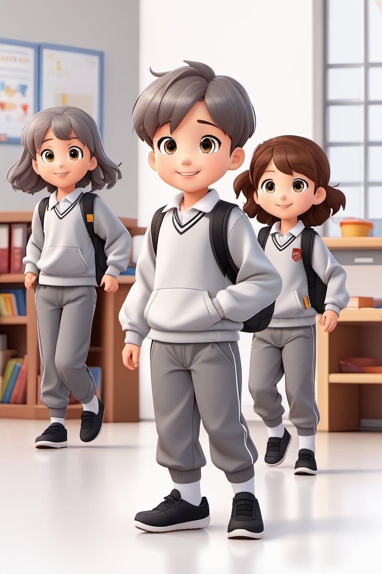 children with gray uniform,PinchingPOV, white background, latin kid,pov, boy  six year old, school_uniform, ((gray dress Trousers)), ((black shoes)), (white shirt), ((gray pullover)), (gray sweater), (Crew-Neck Sweatshirt), brown hair, back to school, latin kid, white background, whole body