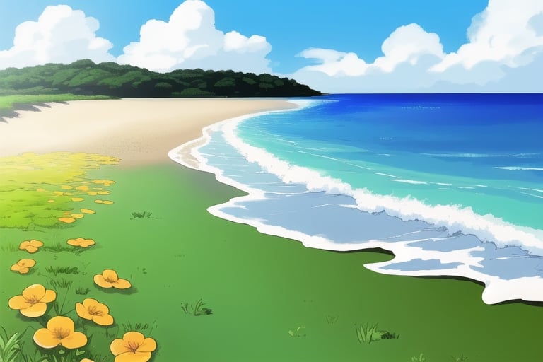 (((small island 2d for kids))), landscape view with blue sky, green grass, bright colors,  small flowers, beach, ((palm)), ((ready to print)), clouds, vibrant colors,