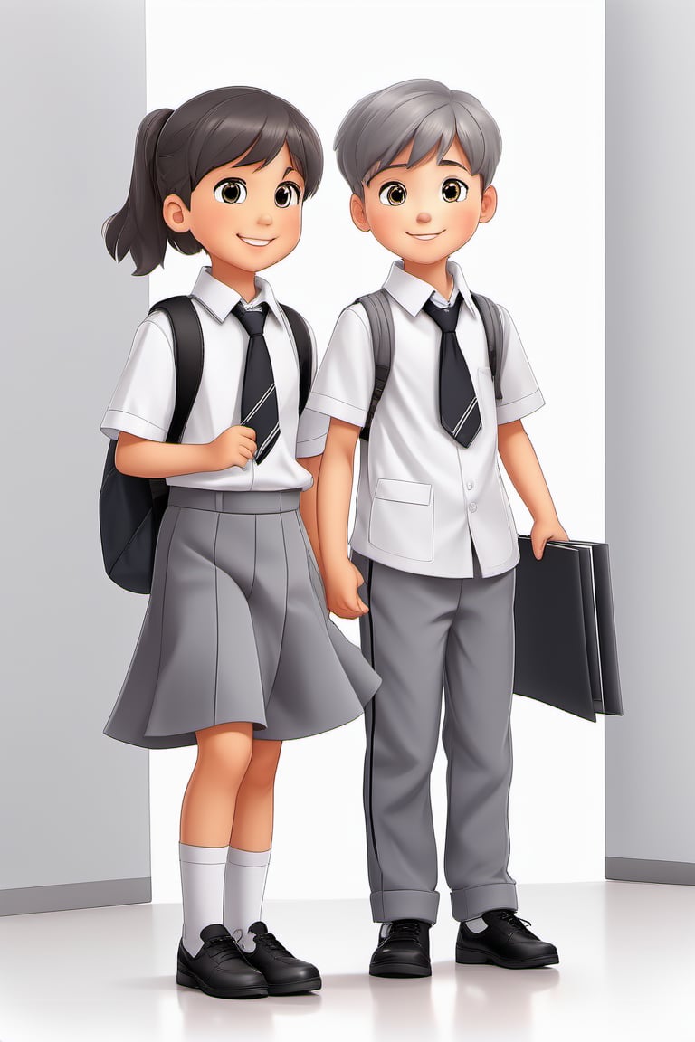 children with gray uniform,PinchingPOV, white background, latin kid,pov, boy  six year old, school_uniform, ((gray dress Trousers)), (black shoes), (white shirt), back to school, latin kid, white background,