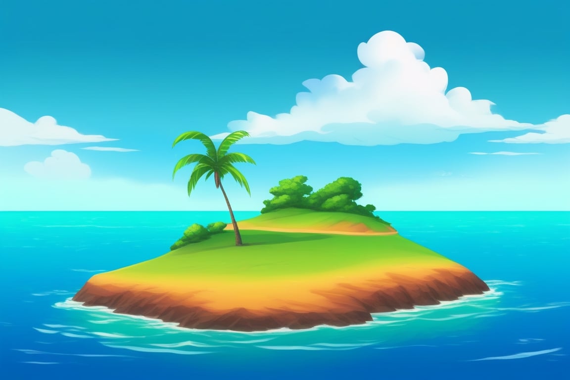 (((small island in the mifdle of the ocean 2d for kids))), landscape view with blue sky, green grass, bright colors,  small flowers, beach, (((palms))), ((ready to print)), ((two point perspective)), (vanishing point), clouds, vibrant colors, herbage,