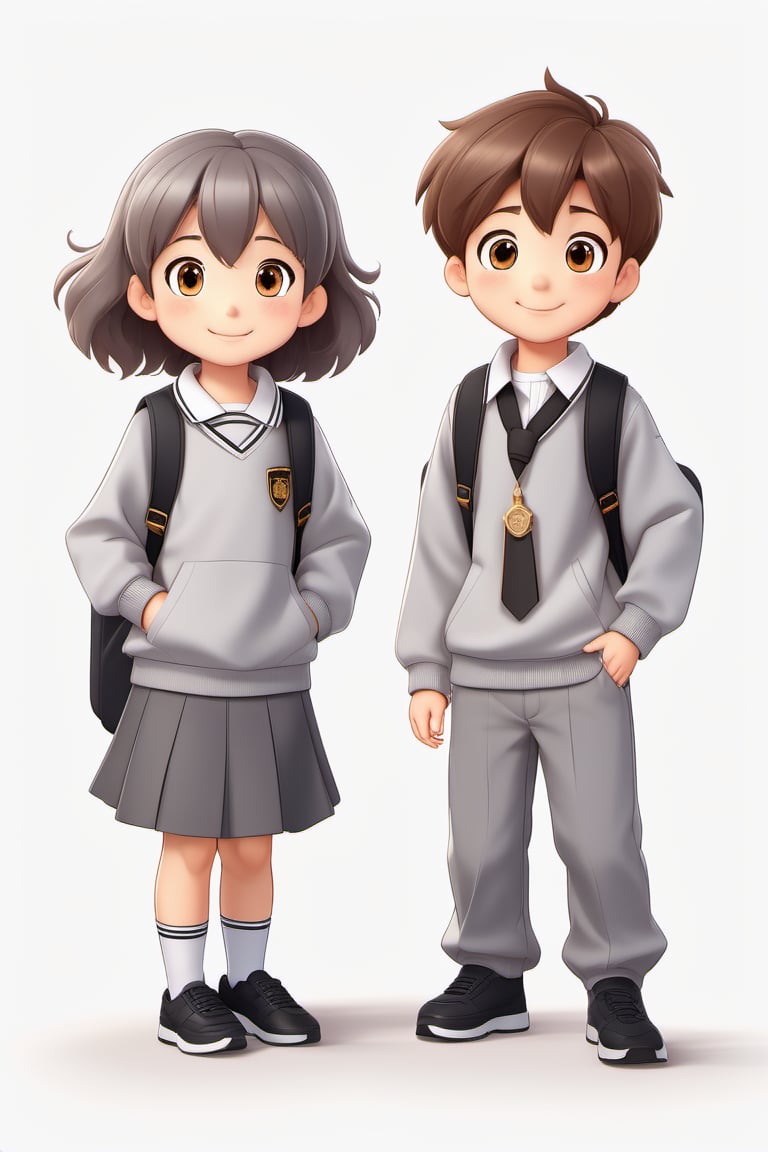 children with gray uniform,PinchingPOV, white background, latin kid,pov, boy  six year old, school_uniform, ((gray dress Trousers)), ((black shoes)), (white shirt), ((gray pullover)), (gray sweater), brown hair, back to school, latin kid, white background, whole body