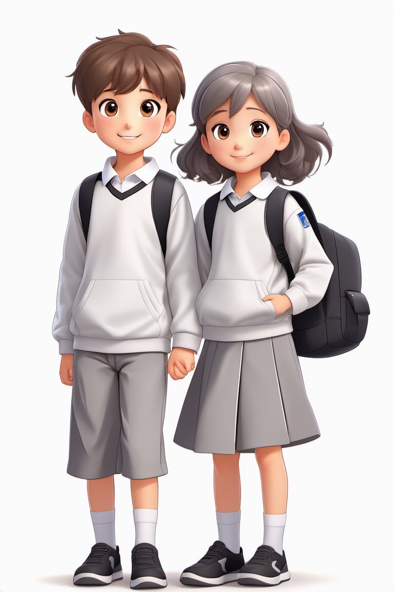 children with gray uniform,PinchingPOV, white background, latin kid,pov, boy  six year old, school_uniform, ((gray dress Trousers)), ((black shoes)), (white shirt), ((gray pullover)), (gray sweater), (Crew-Neck Sweatshirt), brown hair, back to school, latin kid, white background, whole body