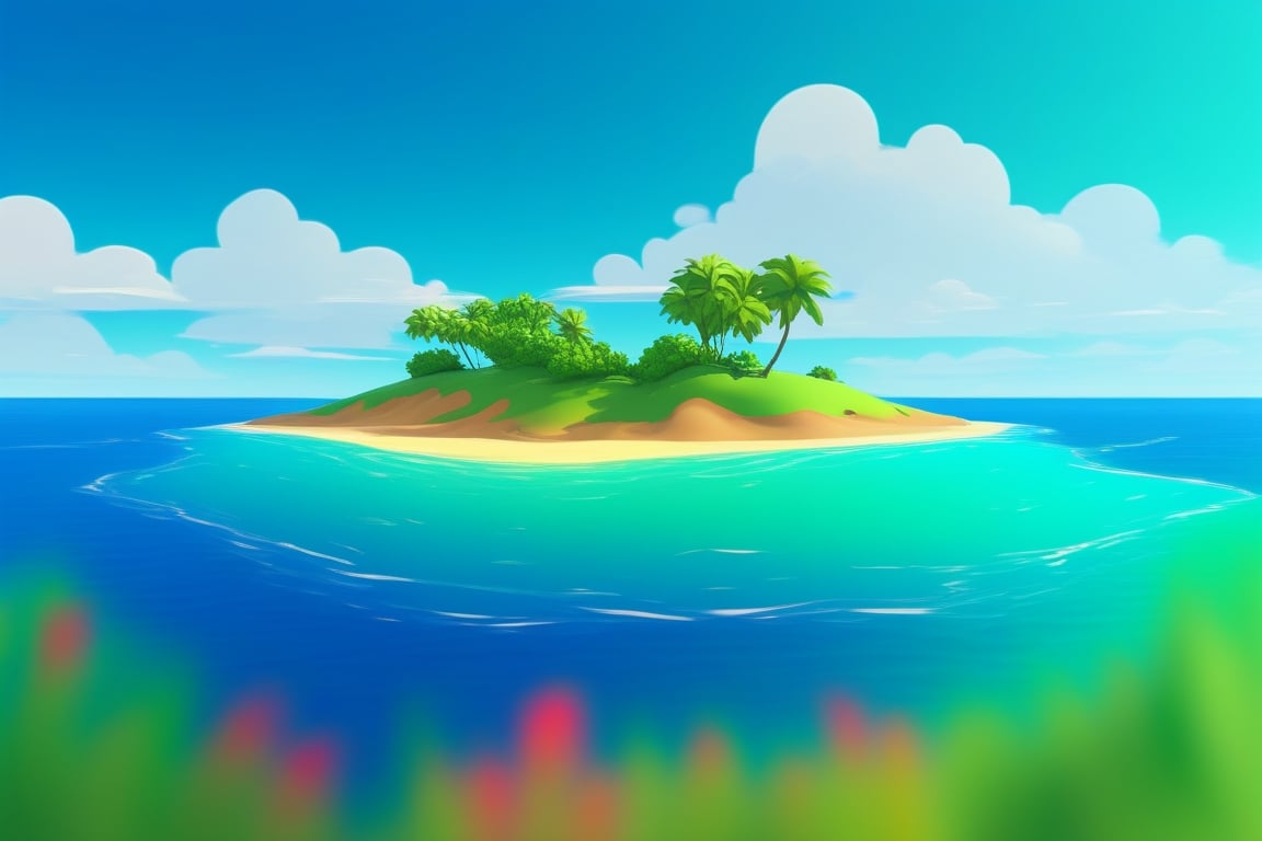 (((small island in the mifdle of the ocean 2d for kids))), landscape view with blue sky, green grass, bright colors,  small flowers, beach, (((palms))), ((ready to print)), ((two point perspective)), (vanishing point), ((linear perspective)), ((lower horizon line)), clouds, vibrant colors, herbage, background