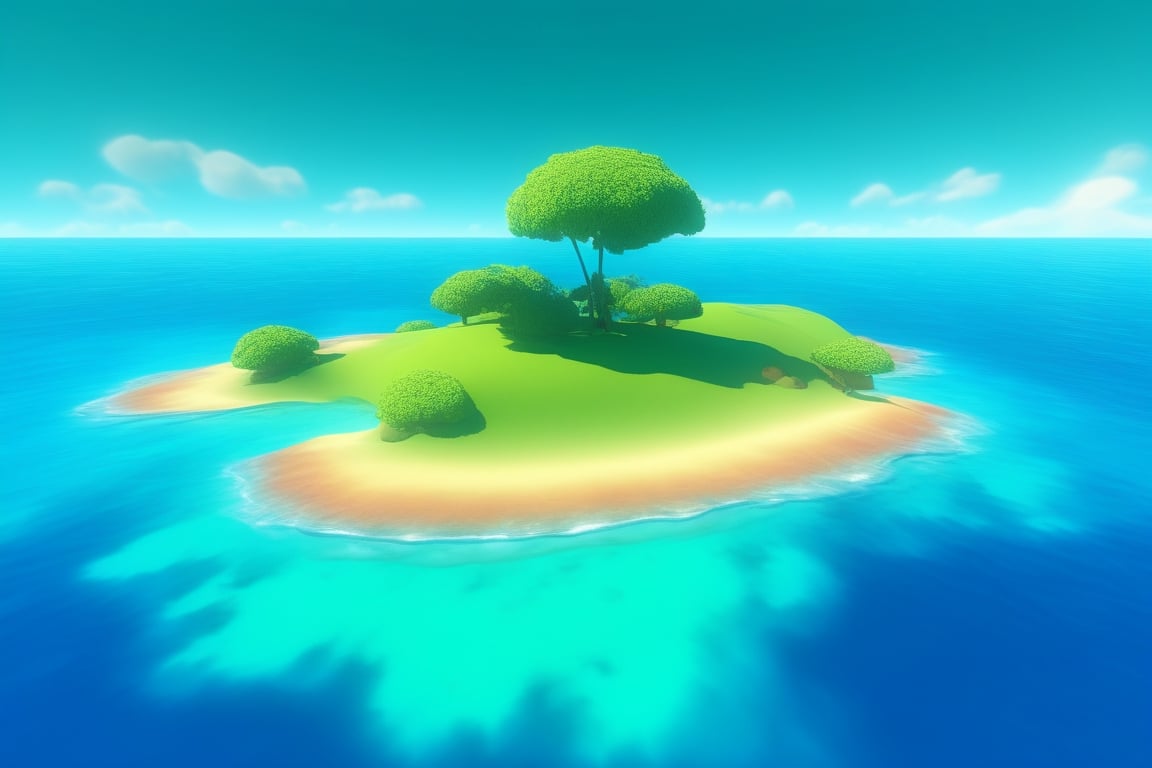 (((small island in the mifdle of the ocean 2d for kids))), landscape view with blue sky, green grass, bright colors,  small flowers, beach, ((palms)), ((ready to print)), ((one point perspective)), clouds, vibrant colors, herbage,reinopool,Yae Miku