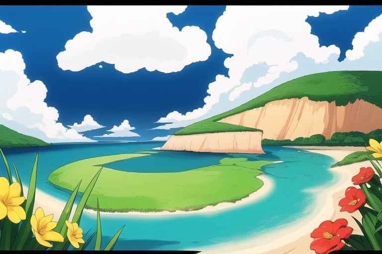 (((small island 2d for kids))), landscape view with blue sky, green grass, bright colors,  small flowers, beach, ((palm)), ((ready to print)), clouds