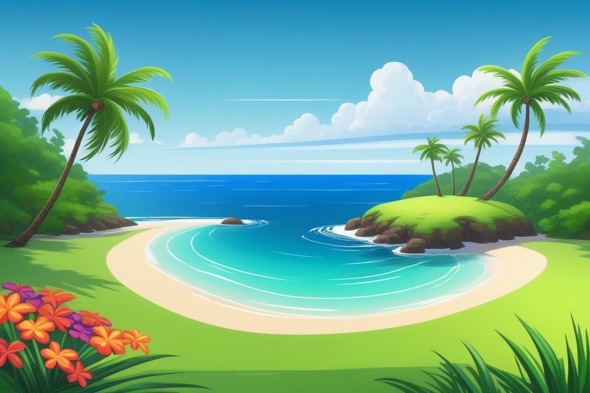 (((small island 2d for kids))),  landscape view with blue sky,  green grass,  bright colors,  small flowers,  beach,  (((palms))),  ((ready to print)),  ((two point perspective)),  (vanishing point),  ((linear perspective)),  ((lower horizon line)),  clouds,  vibrant colors,  herbage,  background, 