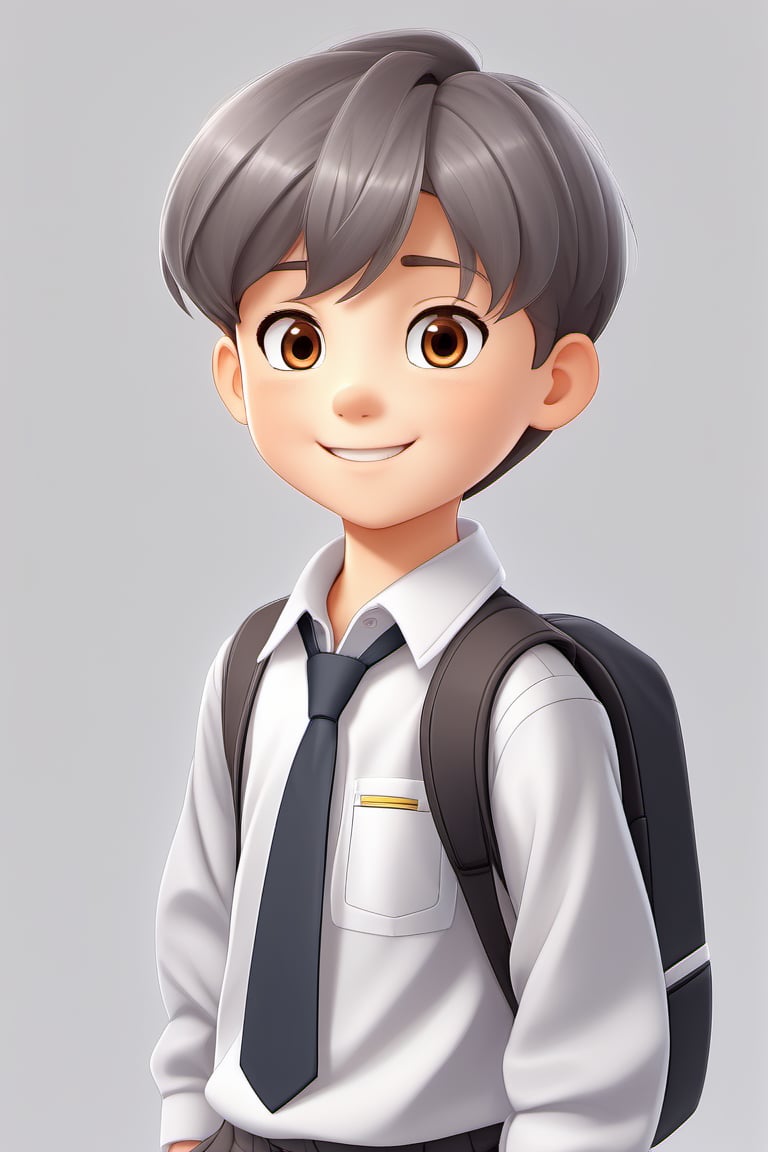 children with gray uniform,PinchingPOV, white background, latin kid,pov, boy  six year old, school_uniform, ((gray dress Trousers)), (black shoes), (white shirt), ((gray pullover)), brown hair, back to school, latin kid, white background,