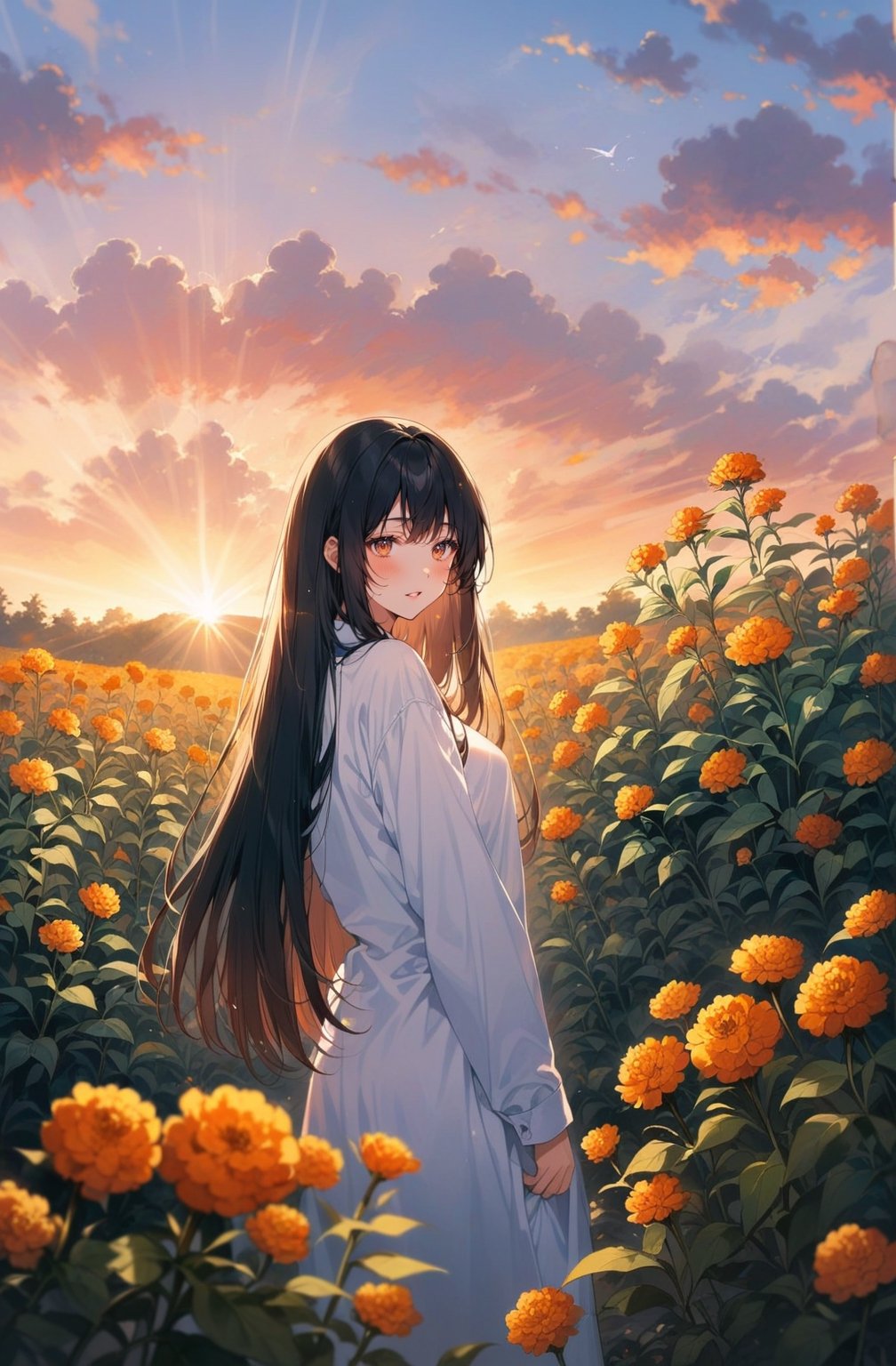 masterpiece, best quality, realistic, octane render,

1girl, solo, korean girl, looking_at_viewer,
(beautiful eyes:1.1), 

(black hair, long hair, Straight hair:2.3),

she is wearing a ao dai, 
good body,
white clothes, she is standing, creative posing,

Background
Behind the girl is bokeh from the tree, the girl is standing among the Tagetes plants in the garden, sunlight, blue clouds, sunset,
