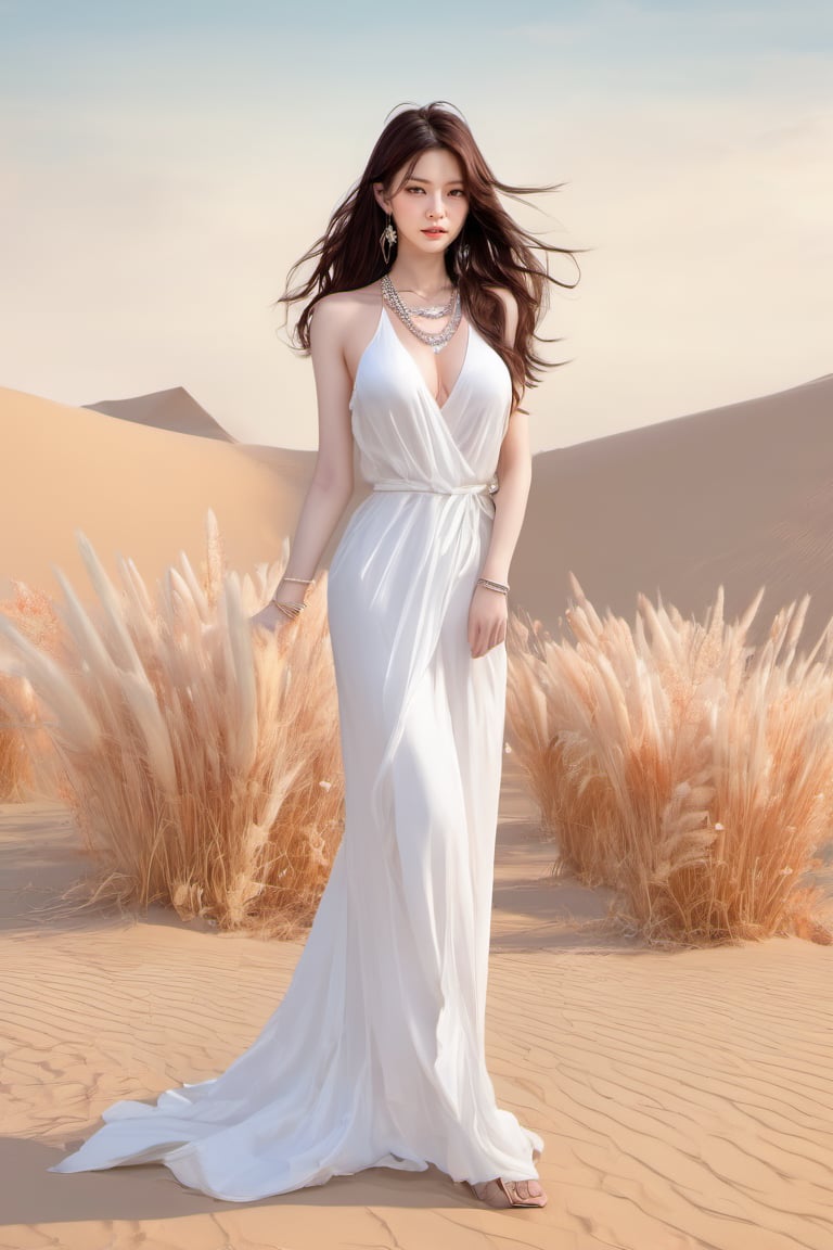 korean girl, 1girl, female_solo, (hair : brown, long wave hair, without accessories), (eyes : brown), ((realistic)) , (necklace: jewelry, pearl), full Body photo, hand against waist, big_breats, high heels, pearl bracelets, looking back,(dress: white, with a high slit, ), looking at viewer, (background : simple, desert, flower land, Pampas Grass ), ( lips : sexy )