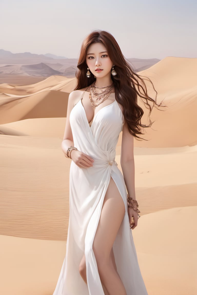 korean girl, 1girl, female_solo, (hair : brown, long wave hair), (eyes : brown), ((realistic)) , (necklace: jewelry, pearl), full Body photo, hand against waist, big_breats, high heels, pearl bracelets, looking back,(dress: white, with a high slit, ), looking at viewer, (background : simple, desert, flower land. flower forest  ), ( lips : sexy )