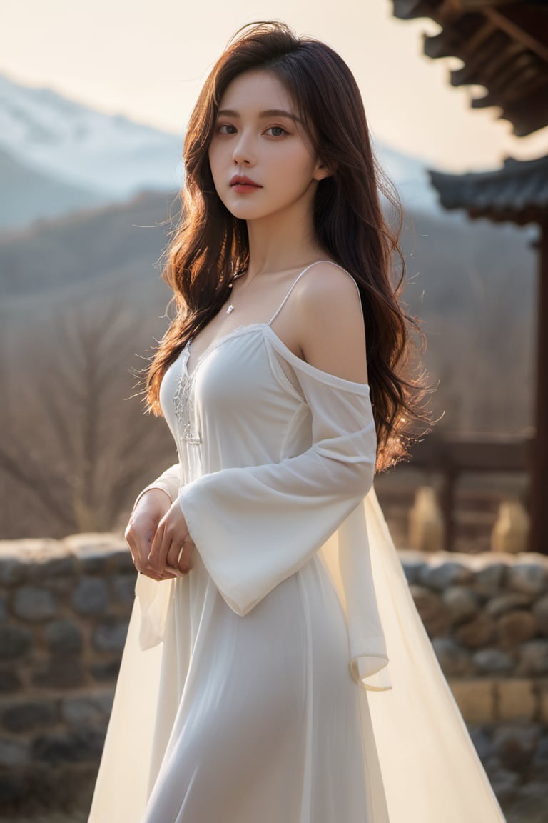 (masterpiece, best quality, niji style, realistic), beautiful woman, xxmixgirl, A mysterious woman,fog,movie lights, korean girl, full_body, sunlight, white hair, long wavy hair, white dress, (open white dress), (background: the mountains)