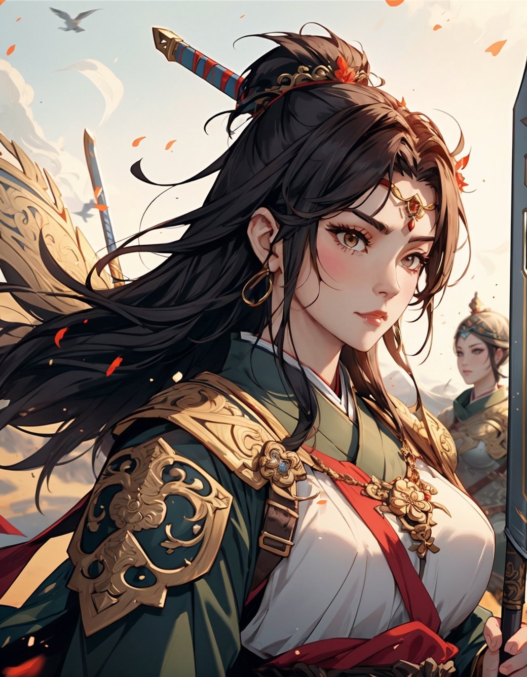 a close up of a person wearing a flower crown, beautiful female warrior, warrior girl, female warrior, a beautiful woman warrior, warrior queen, warrior woman, armor girl, medieval female warrior, ornate korean polearm behind her, barbarian warrior woman, human warrior, by Huang Guangjian, queen of warrior, queen of war, beautiful female soldier, warrior princess,High detailed ,huoshen,shennongshi,SAM YANG,Niji Pride