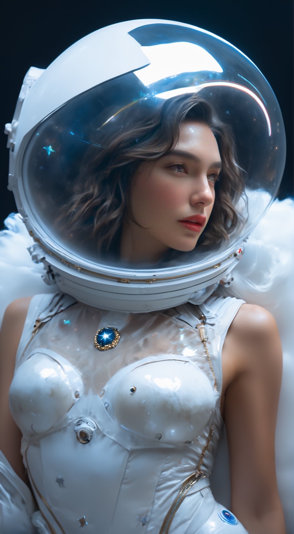cinematic photo, 4k photo, extremely detail, gal gadot, floating in space, between the star, holding glowing globe moon, ((full astronat helmet)), ((sexy)), transparent astronat clothes, white, full body, pretty face, closeup shot ,painting by jakub rozalski,
