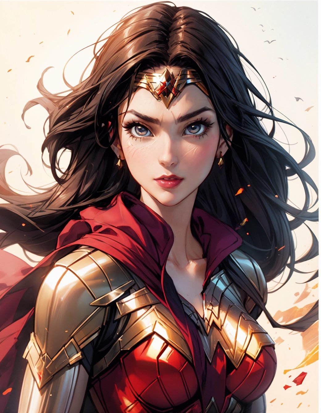 a woman with long hair wearing a costume, portrait of wonder woman, wonder woman, masayoshi suto and artgerm, wlop and artgerm, ross tran and artgerm, artgerm and warren louw, artgerm comic, drawn in the style of artgerm, joshua middleton and artgerm, artgerm and ben lo