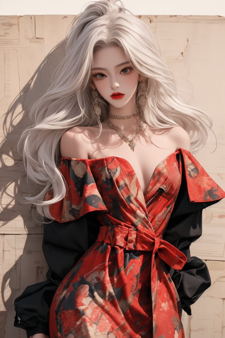  masterpiece art, 8k, (A beautiful teen girl with a skinny body), ((white dreadlocks hair)) , she is wearing a ( designed blackoff shoulder open jacket) and (red designed Petal frock), (waist ribbon), fashion style clothing. Necklace, jewelry, Her toned body suggests her great strength. The girl is dancing hip-hop and doing all kinds of cool moves.,white wall background,shot from a distance,detailed art Sohwa,full shot,skinny,Detaileddace